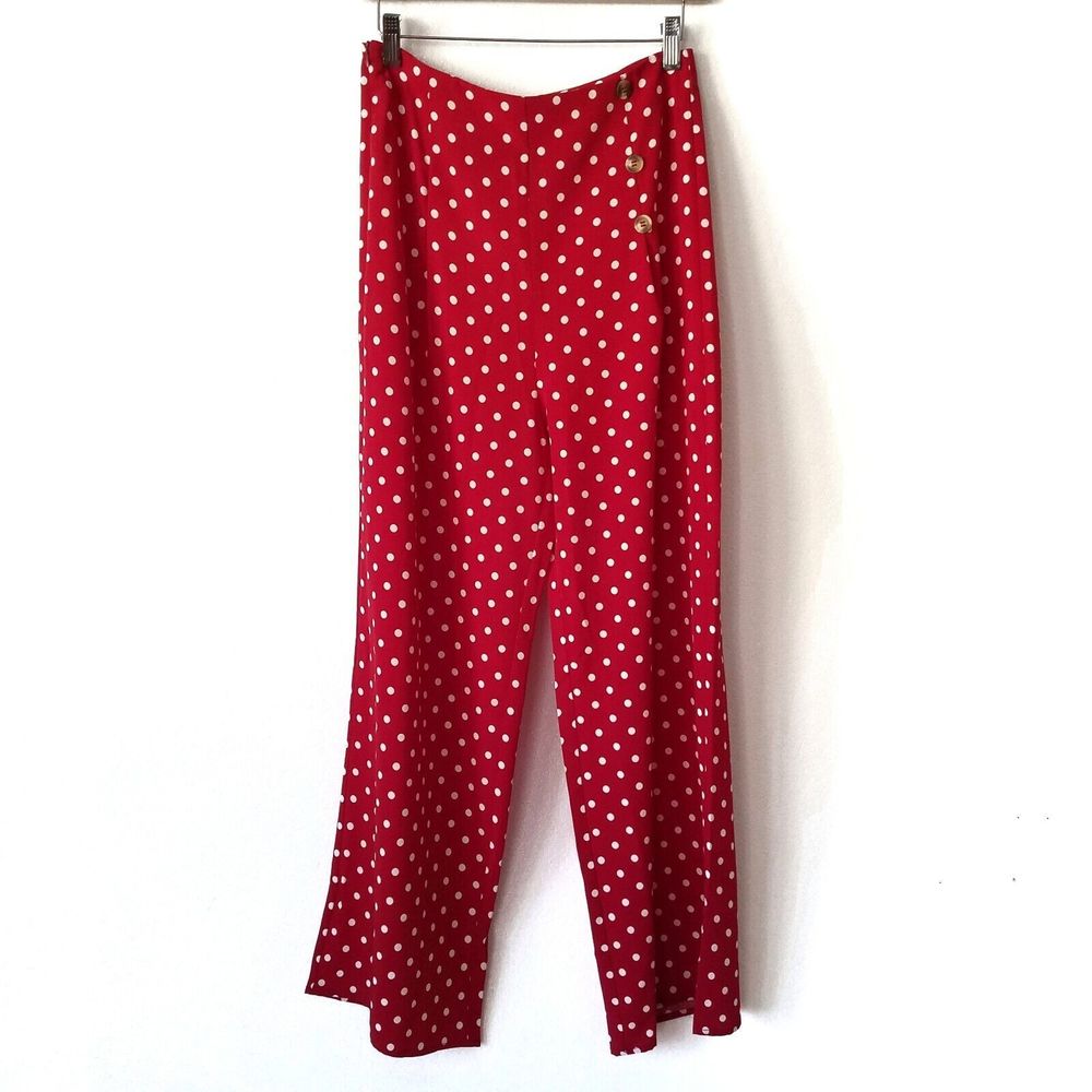 Shein Womens S Polka Dot Pants Wide Leg Trousers High Rise Red